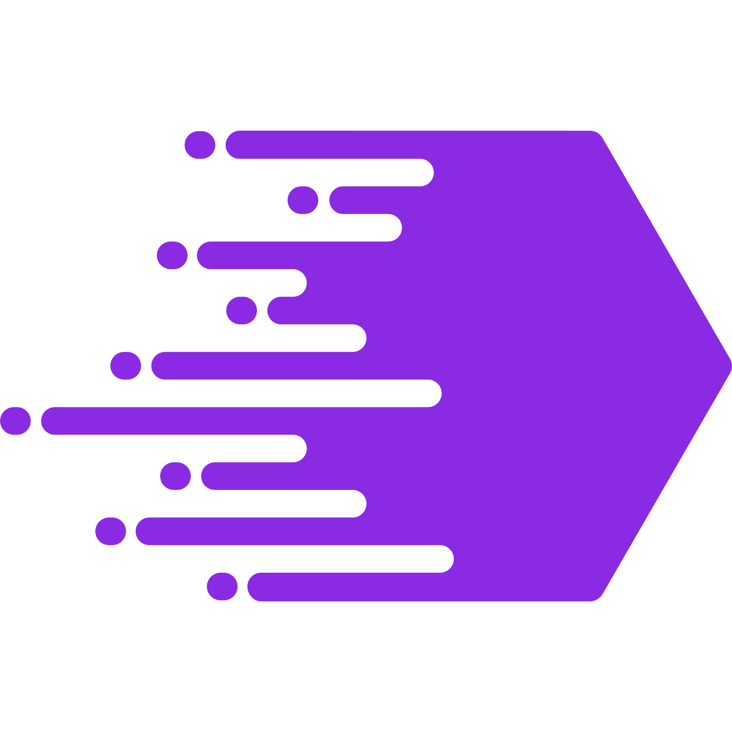 Purple hexagon on the right with a left side made of scattered dots and lines, creating a dynamic, motion blur effect on a white background.